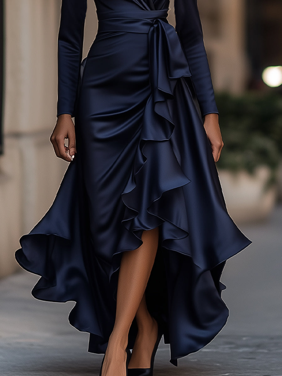 Meghan Draped Satin Maxi Dress With Ruffle Details