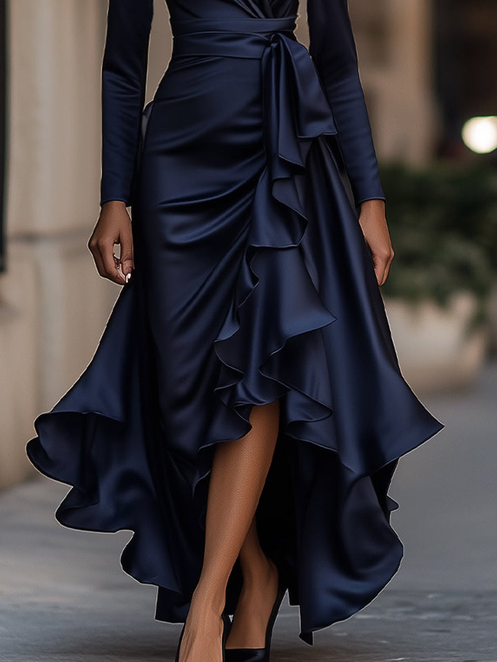 Meghan Draped Satin Maxi Dress With Ruffle Details