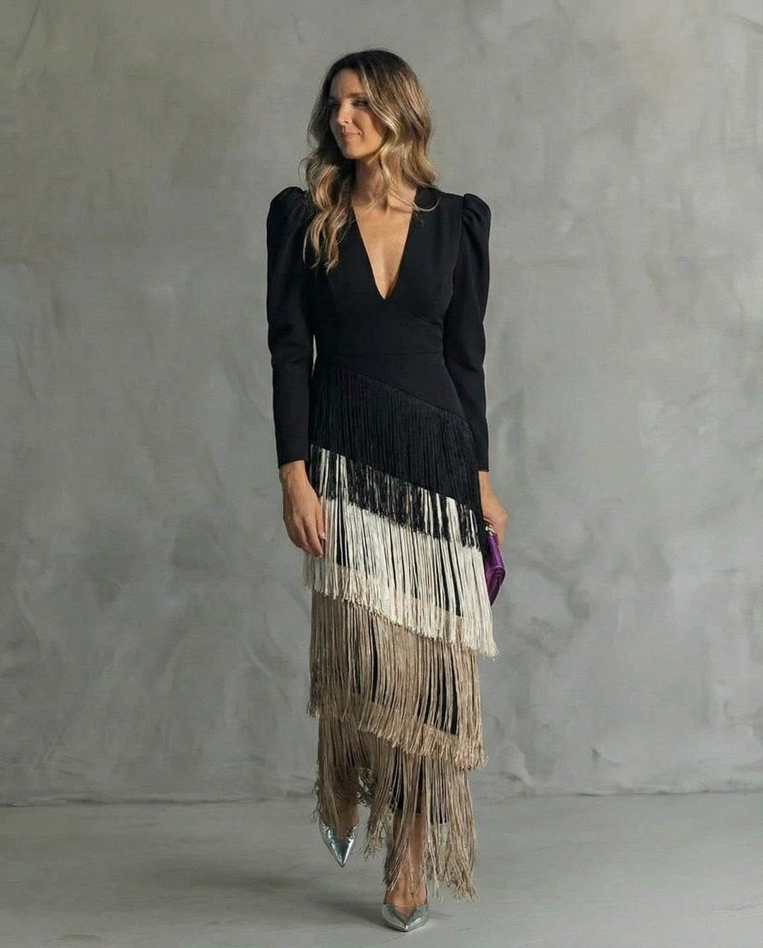 Violet  Elegant midi dress with fringe sleeves