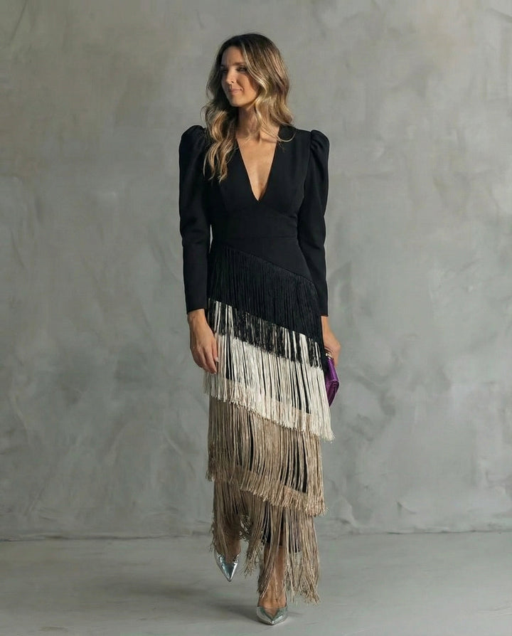 Violet  Elegant midi dress with fringe sleeves