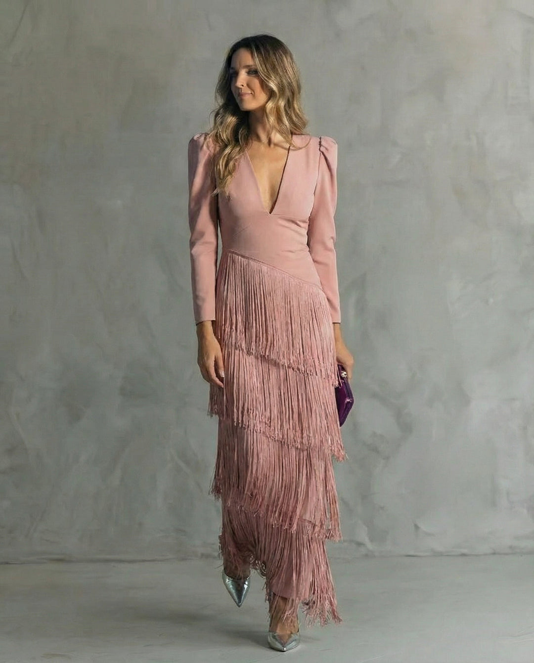 Violet  Elegant midi dress with fringe sleeves