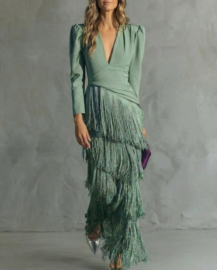 Violet  Elegant midi dress with fringe sleeves